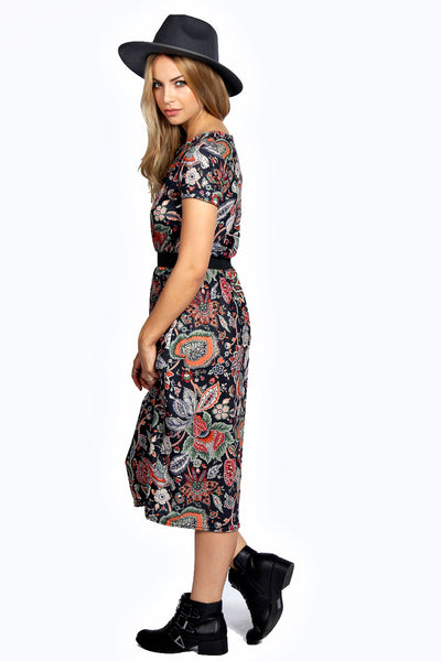 Maddie Printed Contrast Band Skater Dress